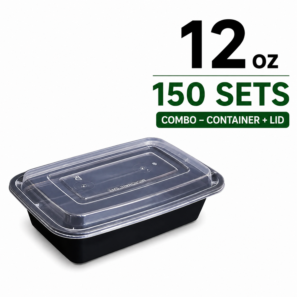 12 oz. Black Rectangular Microwavable Heavy Weight Container with Lid - 150 Set