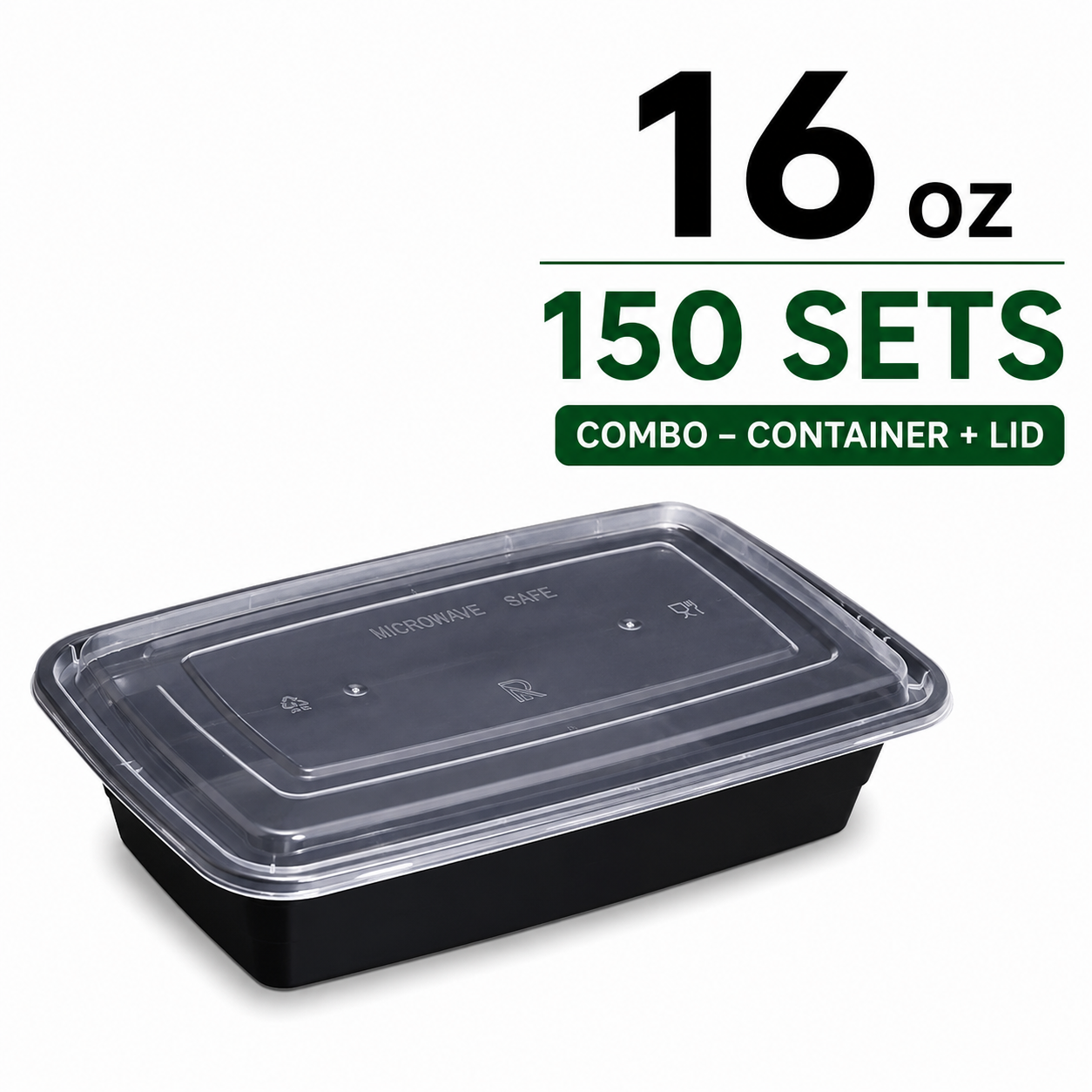 16 oz. Black Rectangular Microwavable Heavy Weight Container with Lid - 150 Set