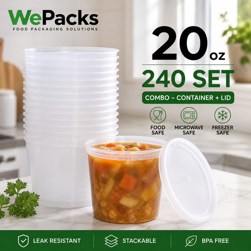 20 oz Heavy-Duty PP Deli Containers with Lids – 240 Sets