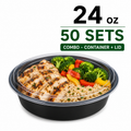 50 Pack (100-Piece) 24 oz. Black Round Microwavable Heavy Weight Container with Lid - 150 Set, Sturdy Leakproof & Food Safe, Microwave, Freezer, Dishwasher Safe Prep Containers, To Go Take Out Plastic Food Storage