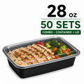 50 Pack (100-Piece) 28 oz Meal Prep Containers Reusable with Lids, Sturdy Leakproof & Food Safe, Microwave, Freezer, Dishwasher Safe Prep Containers, To Go Take Out Plastic Food Storage