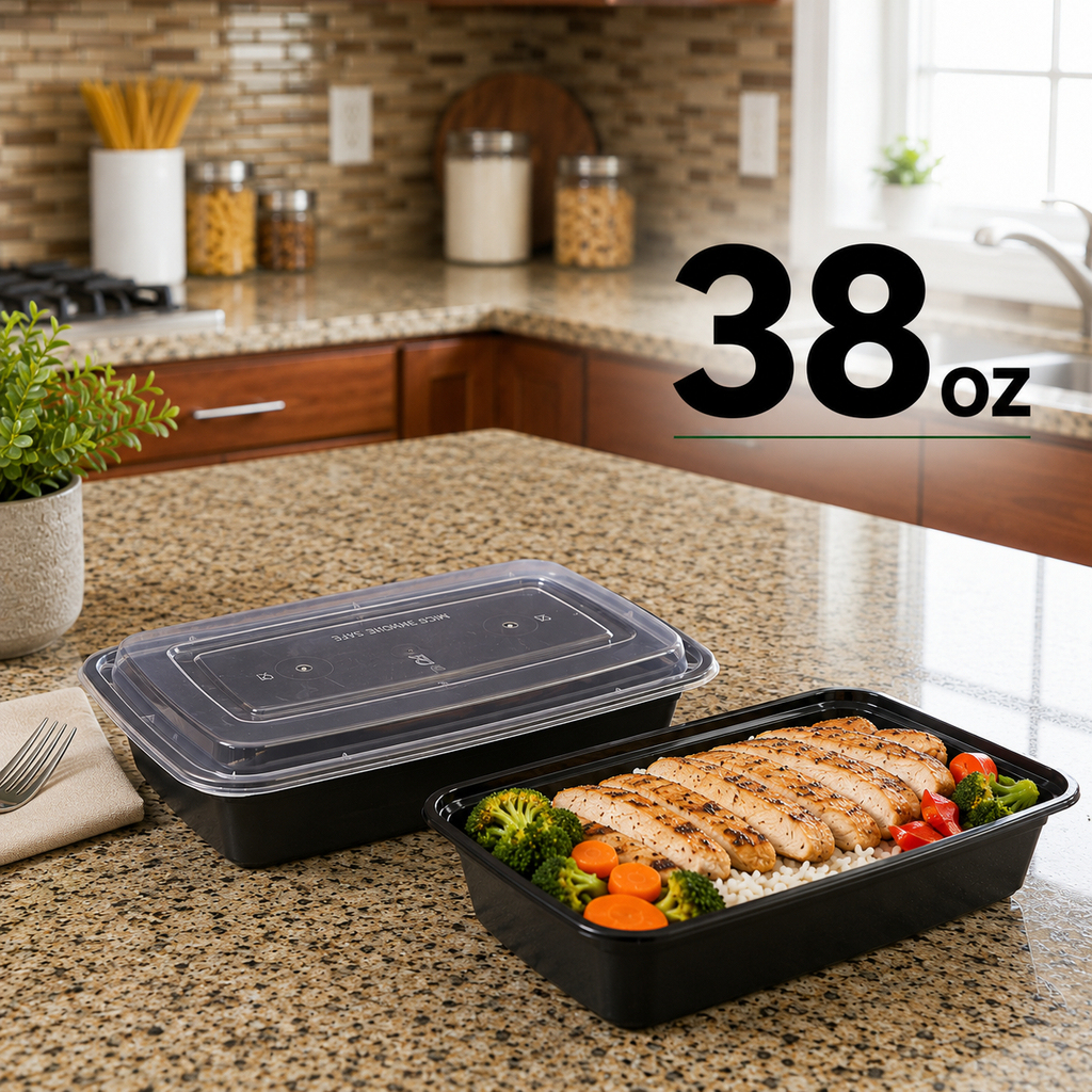 50 Pack (100-Piece) 38 oz Meal Prep Containers Reusable with Lids, Sturdy Leakproof & Food Safe, Microwave, Freezer, Dishwasher Safe Prep Containers, To Go Take Out Plastic Food Storage