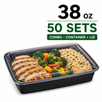 50 Pack (100-Piece) 38 oz Meal Prep Containers Reusable with Lids, Sturdy Leakproof & Food Safe, Microwave, Freezer, Dishwasher Safe Prep Containers, To Go Take Out Plastic Food Storage
