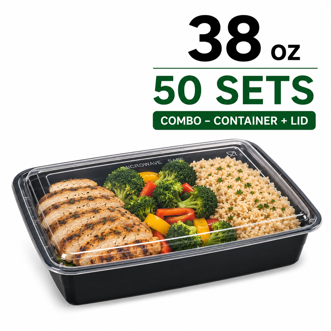50 Pack (100-Piece) 38 oz Meal Prep Containers Reusable with Lids, Sturdy Leakproof & Food Safe, Microwave, Freezer, Dishwasher Safe Prep Containers, To Go Take Out Plastic Food Storage