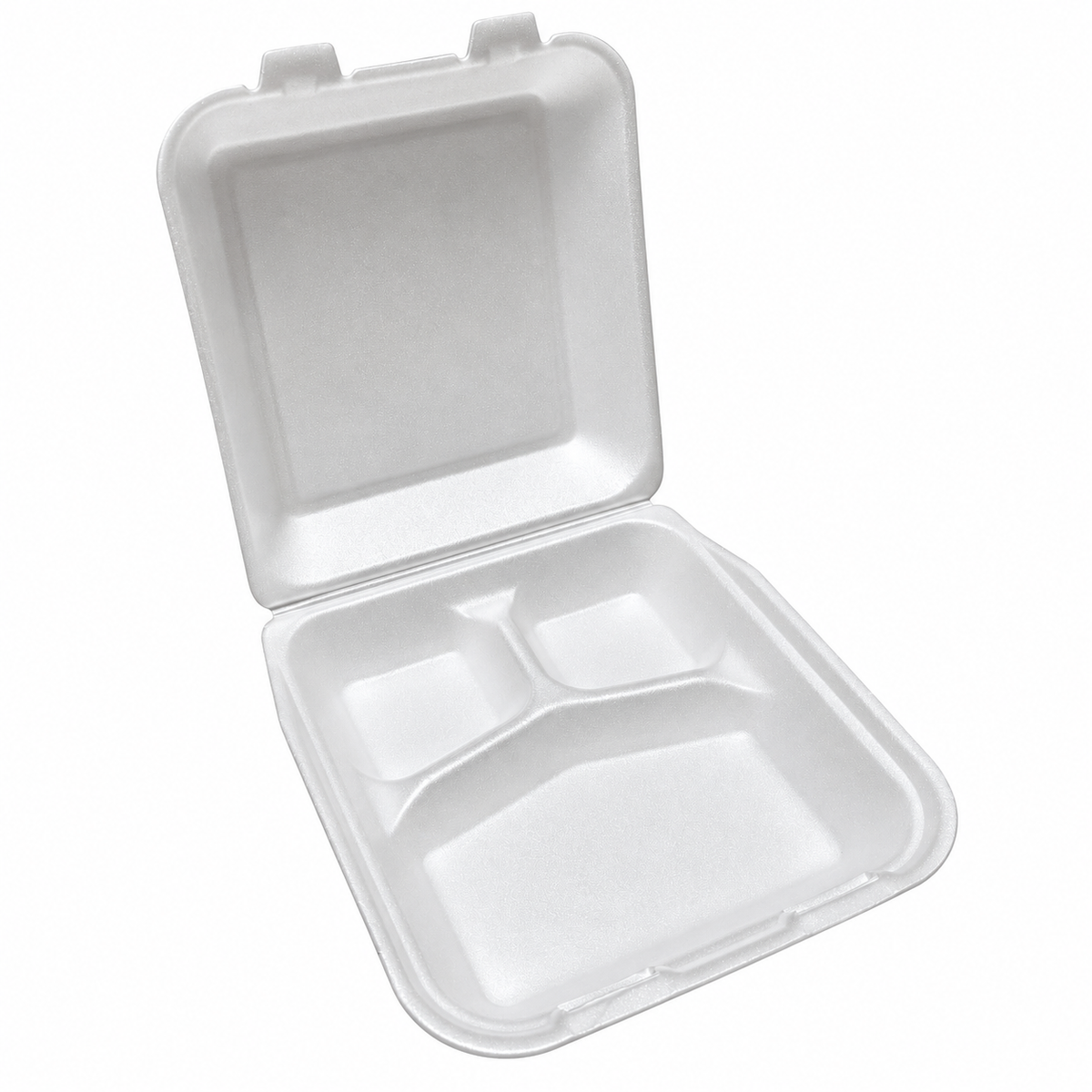 Perforated 3 Compartments Foam Hinged Container, 8 Inches (Case of 200), White
