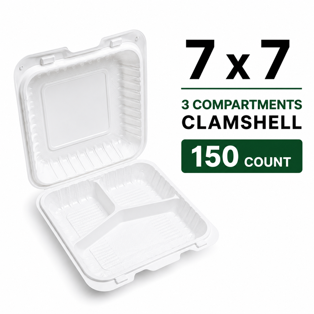 7 x 7 Takeout Containers – Heavy Duty 3 Compartments Clamshell, 150 Count
