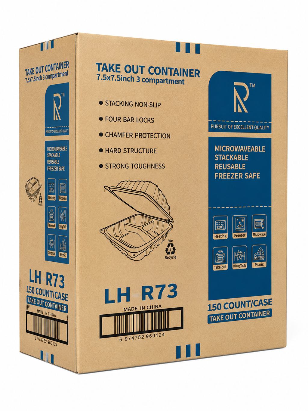 7 x 7 Takeout Containers – Heavy Duty 3 Compartments Clamshell, 150 Count
