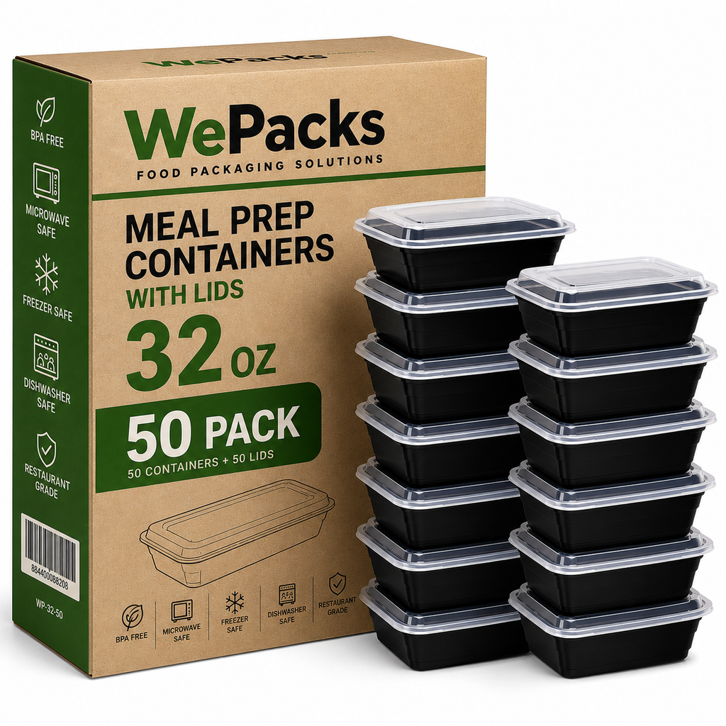 50 Pack (100-Piece) 32 oz Meal Prep Containers Reusable with Easy Open Lids, Sturdy Leakproof Food Safe, Microwave Freezer Dishwasher Safe, To Go Take Out Plastic Food Storage Pans with Lids, Black