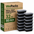 50 Pack (100-Piece) 32 oz Meal Prep Containers Reusable with Easy Open Lids, Sturdy Leakproof Food Safe, Microwave Freezer Dishwasher Safe, To Go Take Out Plastic Food Storage Pans with Lids, Black