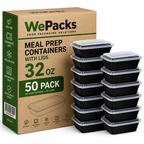 50 Pack (100-Piece) 32 oz Meal Prep Containers Reusable with Easy Open Lids, Sturdy Leakproof Food Safe, Microwave Freezer Dishwasher Safe, To Go Take Out Plastic Food Storage Pans with Lids, Black