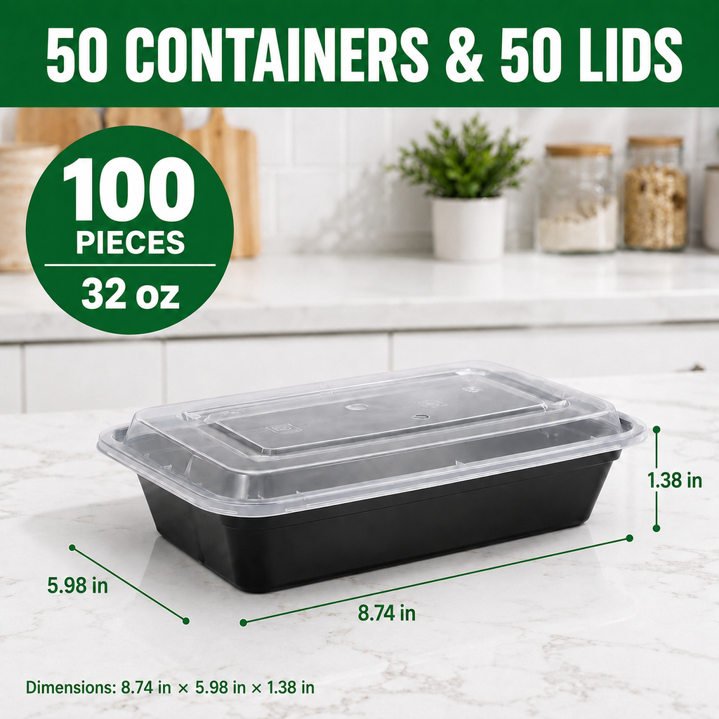 50 Pack (100-Piece) 32 oz Meal Prep Containers Reusable with Easy Open Lids, Sturdy Leakproof Food Safe, Microwave Freezer Dishwasher Safe, To Go Take Out Plastic Food Storage Pans with Lids, Black