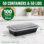 50 Pack (100-Piece) 32 oz Meal Prep Containers Reusable with Easy Open Lids, Sturdy Leakproof Food Safe, Microwave Freezer Dishwasher Safe, To Go Take Out Plastic Food Storage Pans with Lids, Black
