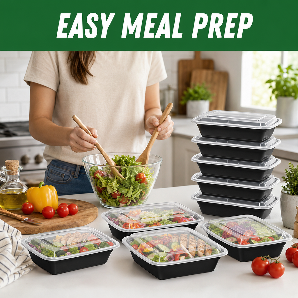 50 Pack (100-Piece) 32 oz Meal Prep Containers Reusable with Easy Open Lids, Sturdy Leakproof Food Safe, Microwave Freezer Dishwasher Safe, To Go Take Out Plastic Food Storage Pans with Lids, Black
