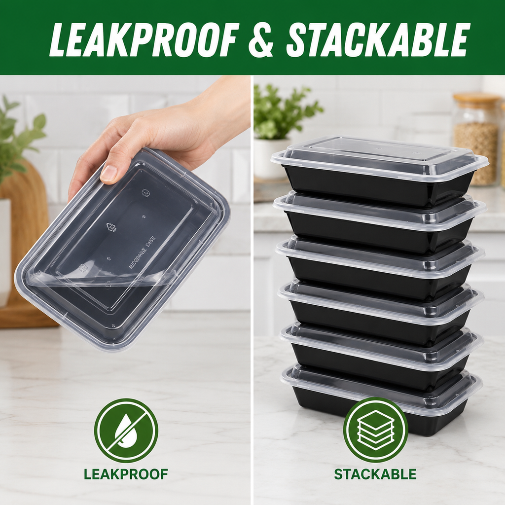 50 Pack (100-Piece) 32 oz Meal Prep Containers Reusable with Easy Open Lids, Sturdy Leakproof Food Safe, Microwave Freezer Dishwasher Safe, To Go Take Out Plastic Food Storage Pans with Lids, Black