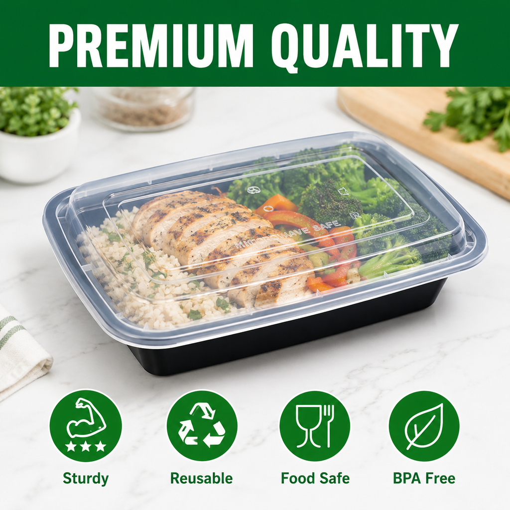 50 Pack (100-Piece) 32 oz Meal Prep Containers Reusable with Easy Open Lids, Sturdy Leakproof Food Safe, Microwave Freezer Dishwasher Safe, To Go Take Out Plastic Food Storage Pans with Lids, Black