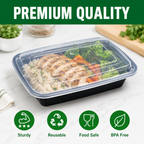 50 Pack (100-Piece) 32 oz Meal Prep Containers Reusable with Easy Open Lids, Sturdy Leakproof Food Safe, Microwave Freezer Dishwasher Safe, To Go Take Out Plastic Food Storage Pans with Lids, Black