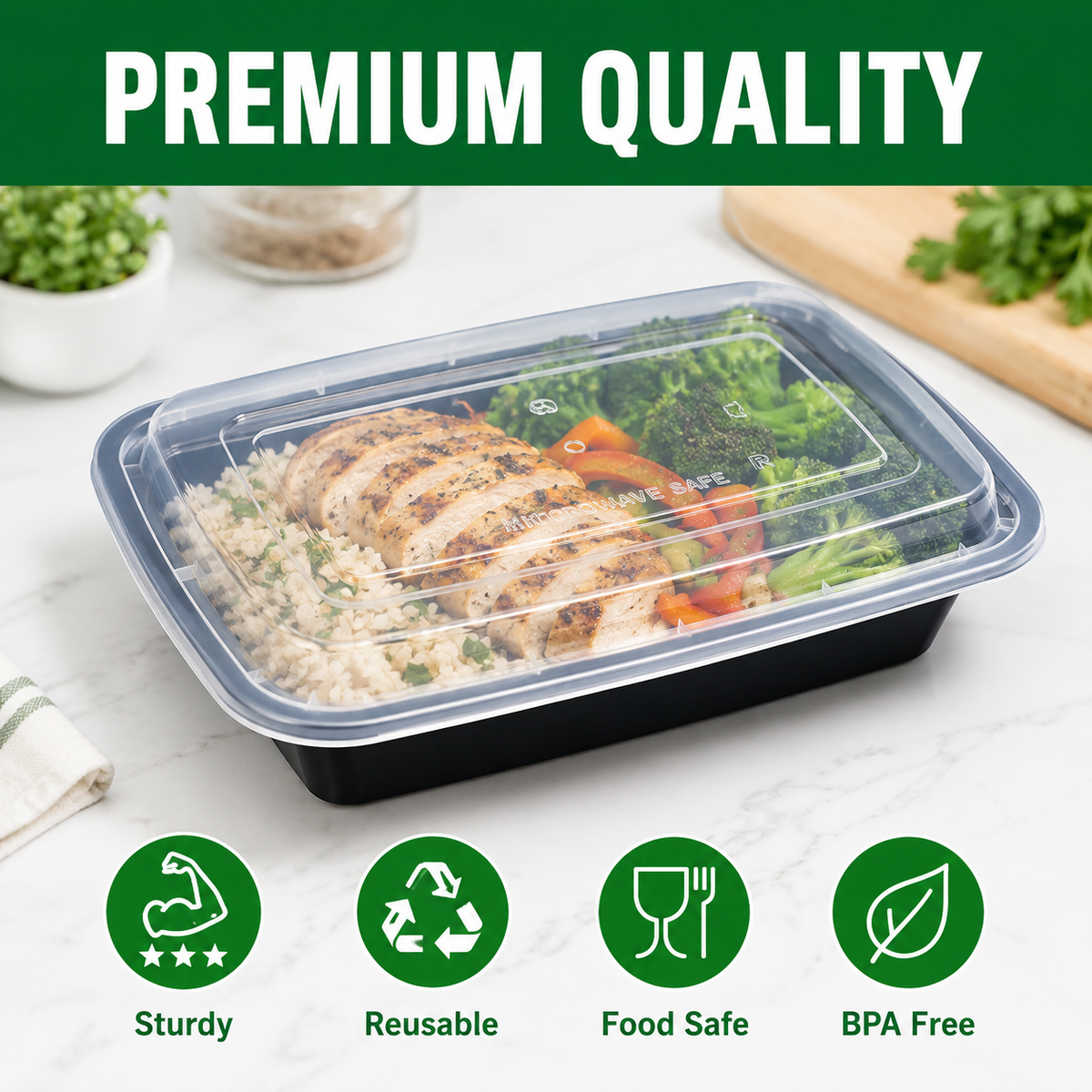 50 Pack (100-Piece) 32 oz Meal Prep Containers Reusable with Easy Open Lids, Sturdy Leakproof Food Safe, Microwave Freezer Dishwasher Safe, To Go Take Out Plastic Food Storage Pans with Lids, Black