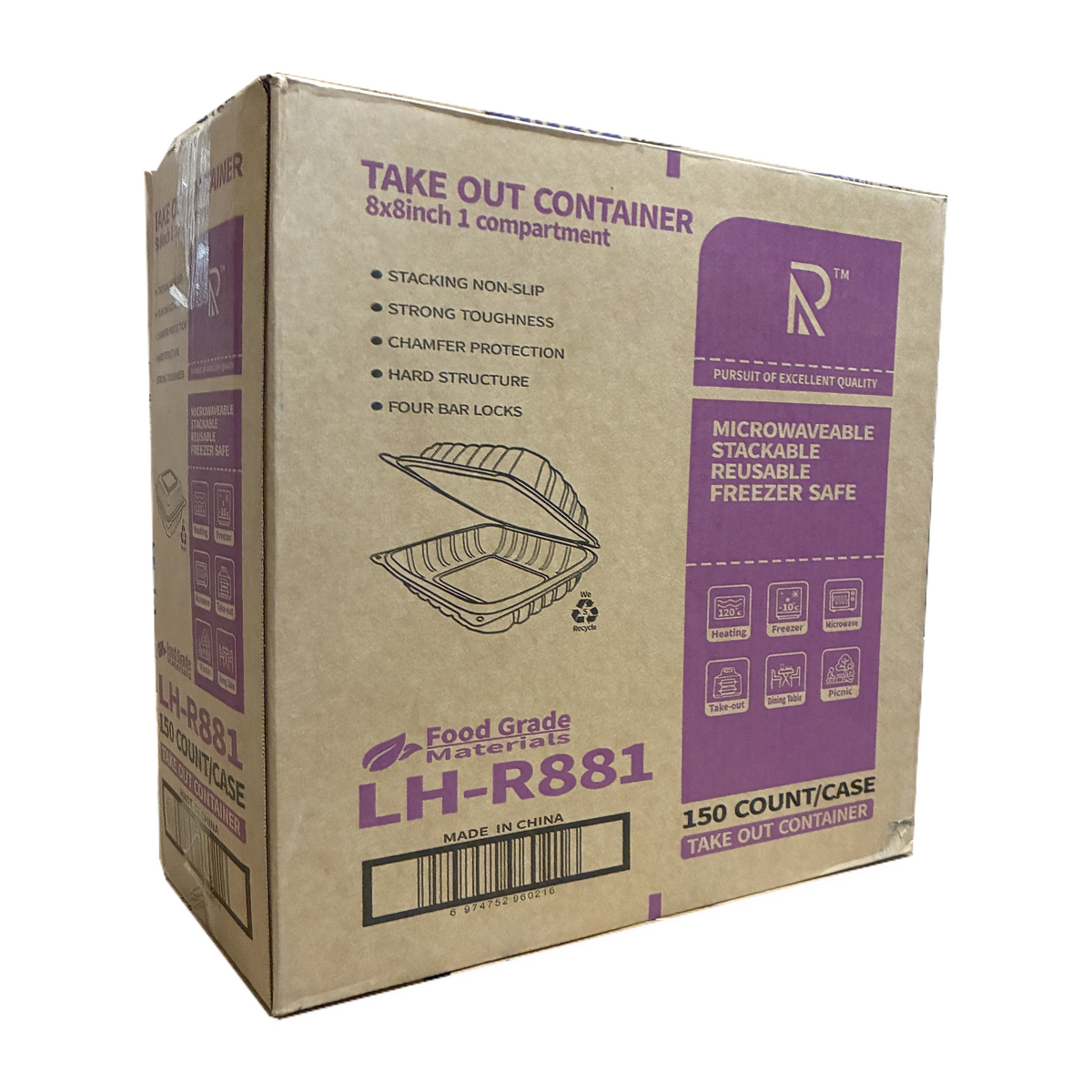 8 x 8 Takeout Containers – Heavy Duty One Compartment Clamshell, 150 Count