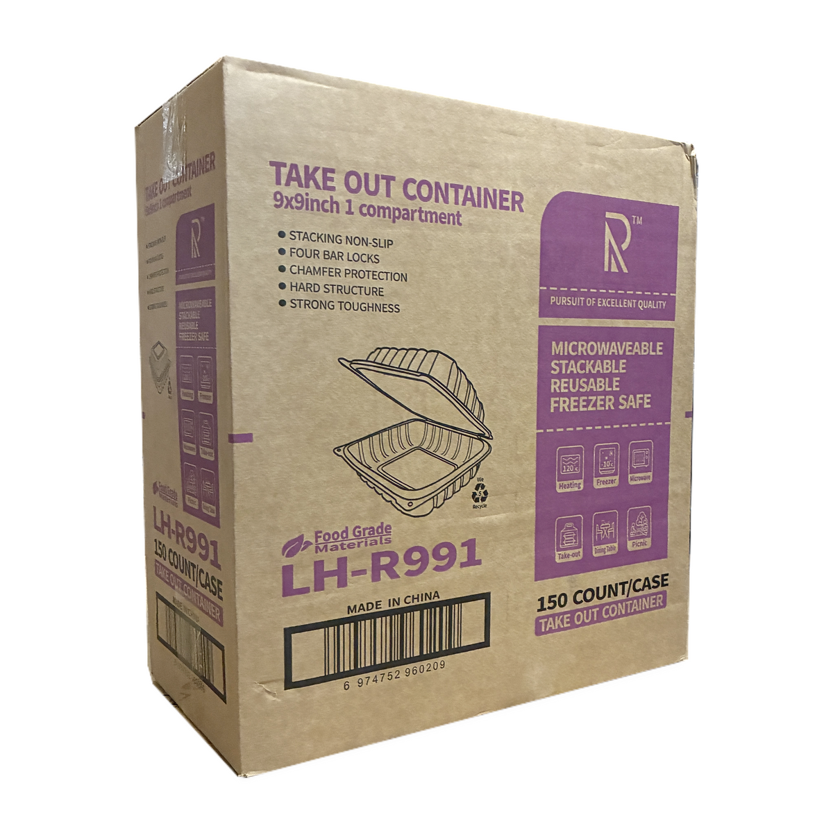 9 x 9 Takeout Containers – Heavy Duty 1 Compartment Clamshell, 150 Count