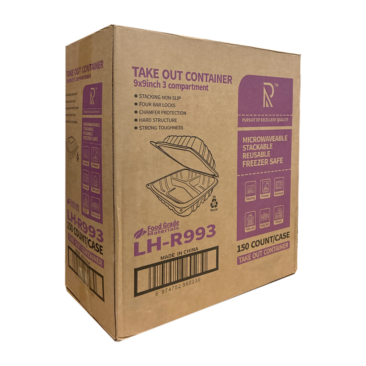 9 x 9 Takeout Containers – Heavy Duty 3 Compartments Clamshell, 150 Count
