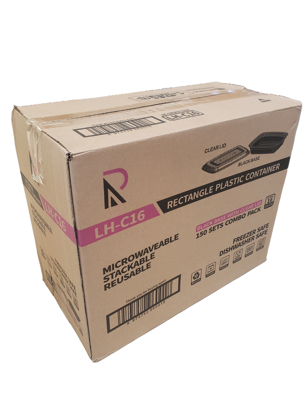16 oz. Black Rectangular Microwavable Heavy Weight Container with Lid - 150 Set