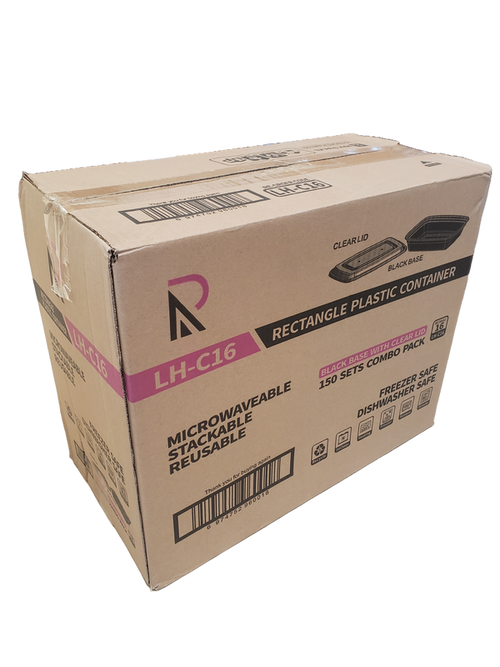 16 oz. Black Rectangular Microwavable Heavy Weight Container with Lid - 150 Set